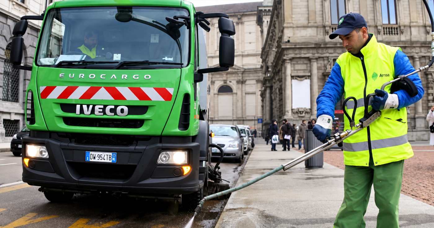 Un operatore ecologico Amsa al lavoro (repertorio)